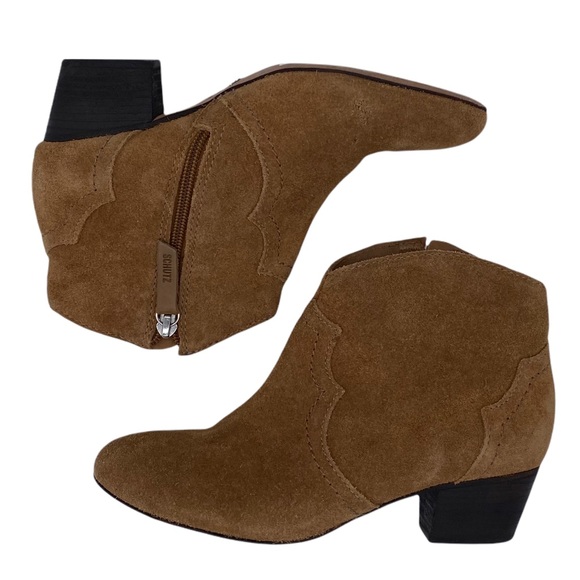 SCHUTZ Shoes - Schutz Abiha Tan Suede Leather Zip Block Heel Western Boot Bootie Size 6